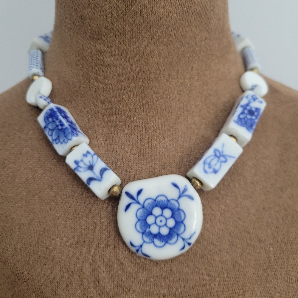 Vintage Chinese Export Blue White Porcelain Bead Necklace 18" Grandmillennial